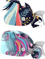 [YTYVAGT] 2-Pc,Nurse Scrub Caps,Scrub Hats with Buttons and Cotton Sweatband,Unicorn Animal Leaf Flower