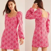 NWT Boden Linen Long Puff Sleeve Mini Shift Dress Pop Peony Vine Terrace 12 Long
