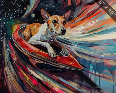 Dog exploring outer space in a sleek spaceship oil paint 8x10 Print jpg