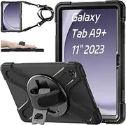[zenrich] Samsung Galaxy Tab A9 Plus Case 11" (SM-X210/SM-215/SM-X216), Heavy Duty Full-Body Shockproof Protective Case with Rotating Stand, Hand/Shoulder Strap for Tab A9 Plus, Black