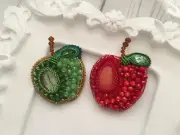 Green Red apple Beaded Brooch with labradorite or cat's eye stone. Fruit jewelry