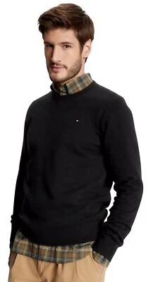 TOMMY HILFIGER Mens Solid Crewneck Pullover Sweater, Black, S