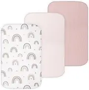 Muslin Bassinet Sheets Compatible with AMKE, Angel Bliss, Baby Joy, Maxi-COSI Baby Bedside Sleeper TansyPanda, 3 Pack, 20×33 in, Ultra Soft, Breathable, Snug Fit, Unisex Boys and Girls, Pink Rainbow