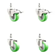 3 Inch 316SS Green Polyurethane 3/8 Inch Threaded Stem Caster Set 2 Lock Brake