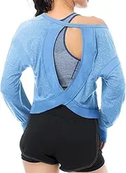 [EYZH] Women's Open Back Workout Top - Long Sleeve Yoga Crop Top with Thumb Holes, Breathable Athletic Shirt