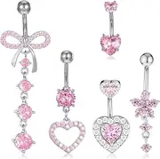 [JJUNW] 5Pcs Belly Button Rings, Pink Belly Button Piercing, Cute Dainty Dangle Belly Button Rings Heart Butterfly Bow Flower Belly Rings for Women