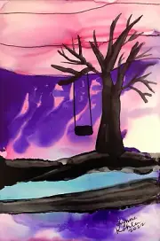 Original painting 4x6" Tree swing water sky by Lynne Kohler