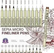 Sepia Micro Pen Set, 12 Sizes Drawing Pens, Waterproof Archival Ink Fineliner Pens for Journaling and Writing, Fine Line Art Pens for Detailing Drawing, Sketching, Brown
