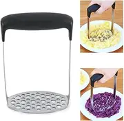 iDopick Potato Masher, Heavy Duty Mashed Potatoes Mental Masher, Stainless Steel Professional Fine Plate for Smooth Mashed Potatoes, Soft Grip and Non-Slip Handle, Black ﻿
