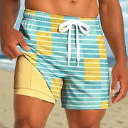 Men's Geometric Stripes Grid / Plaid Lined Shorts 2 in 1 Board Shorts Swim Shorts Mid Waist Hawaiian Holiday Side Pockets With Compression Liner Elastic Drawst