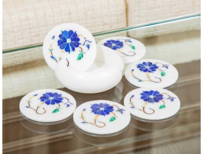 4.5" Beautiful Marble Tea Coaster Set Malachite Stone Inlay Work Wine Coaster