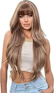 KEOYA Long Curly Blonde Wig for Women Synthetic Curly Hair Wig with Bangs Middle Parting Natural Looking Wavy Wigs Heat Resistant Fiber Wig for Daily Cosplay Party