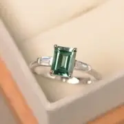 Green sapphire ring emerald cut teal sapphire ring sterling silver three stone