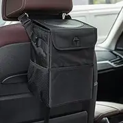 JUSTTOP Waterproof Mini Car Trash Can with Lid and Storage Pockets,Car Trash Bag Hanging Accessories, Multipurpose Car Garbage Bag Can (6L)