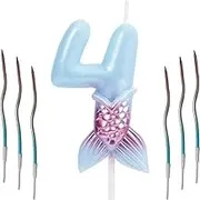 Birthday Number Candles with Dinosaur Mermaid, 1-10 Pink Angel Wing Candle for Cake Topper Decoration, Numeral Cake Candles for Boy Girl Birthday Cakes Anniversary Wedding (Mermaid, 4)