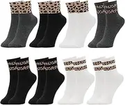 [Scettar] 8 Pairs of Women's Crew Socks, Leopard Print Socks, Women, 36-40 Leopard Socks, Running Socks, Cotton Sports Socks, White, 10