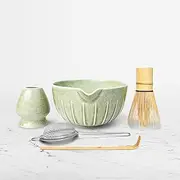 MYCHA TEA Premium 5pcs Japanese Matcha Whisk Set – Includes 500 ml Matcha Bowl with Spout, Bamboo Chasen Whisk, Whisk Holder, Sieve and Scoop – Elegant Mottled Green Glaze with Vertical Pattern