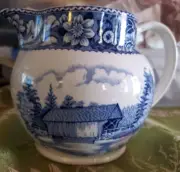 Vintage Wood And Sons Covered Bridges Blue Old Sturbridge Village Pitcher