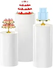 3PCS Wedding Round Plinth Cylinder Pedestal Flower Cake Display Stand with Balloon Set 2M White Organza 1 LED Light Strip White(The highest column is 60cm)