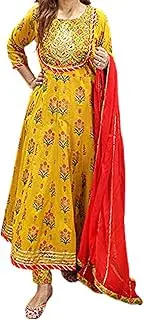 [Artist Unknown] MAHICH WOMEN'S Cotton Anarkali Hand Block Printed Kurti with Pant and Duptta Set_Yellow