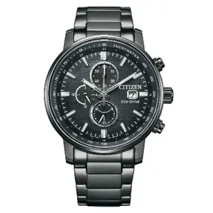 【CITIZEN 星辰】Chronograph 光動能 碼錶計時三眼不鏽鋼腕錶-黑43mm(CA0845-83E)