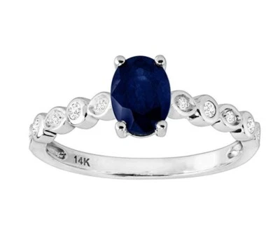 Anniversary Genuine Blue Sapphire & 1/10 CTTW Diamond 14K White Gold Ring