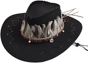 YFVFAGDMKV Retro Feather Western Cowboy Hats for Men Women Faux Suede Wide Brim Cowgirls Jazz Cap Outdoor Travel Sun Hat(3)