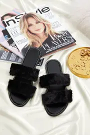 Black Faux Fur Fluffy Slides