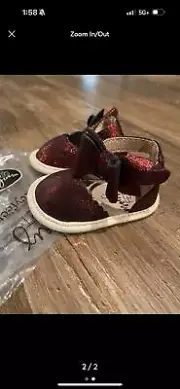NEW Monkey Feet Red Glitter with Bow Infant Shoes Sz 0-3m