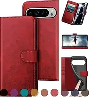 [DuckSky] for Google Pixel 9 Pro XL 6.8" 5G Genuine Leather Wallet case【RFID Blocking】【4 Credit Card Holder】【Real Leather】 Flip Phone Cover Women Men for Pixel 9 Pro XL case Red
