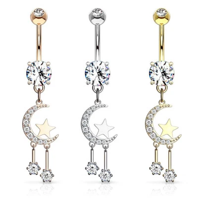 Navel Rings with Paved Crescent Moon and Star with Round CZ Dangle Design 14g