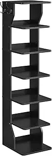 [VASAGLE] 7 Tier Vertical Shoe Rack, Narrow Shoe Storage Organizer with Hooks, Slim Wooden Corner Shoe Tower Rack, Robust and Durable, Space Saving for Entryway and Bedroom, Black ULBS200T16