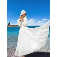 在飛比找蝦皮商城精選優惠-Kayee 白色洋裝 茶卡鹽湖沙灘裙海邊度假超仙女連帽拍照洋