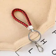 4Pcs 1.25" Braided Leather Keychain, PU Key Ring Woven Lanyard Strap Black Red