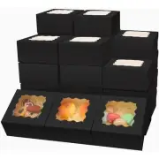 Black Bakery Boxes with Window 6x6x3 inches Thick & Sturdy Macaroon Pastry Bo...