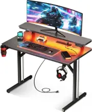 ODK Gaming Desk with LED Lights & Power Outlets, Computer Desk Gaming Table