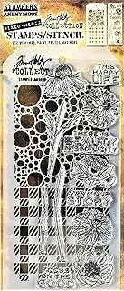 [Tim Holtz Collection] Stamper's Anonymous Tim Holtz Bubbles Plaid Gingham Flowers Beauty Mixed Media Stamp and Stencil Set THMM124