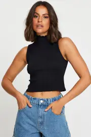 Black Tank Top Seamless Crop High Neck - Size XS, Women's Tank