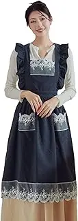 [aromm] Cute Cotton Apron Frilly Lace Ruffle Adjustable Pinafore Apron Dress with Pockets for Cooking Baking Cleaning Gardening