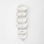 6 Pack Diamante Stack Rings - Silver Tone