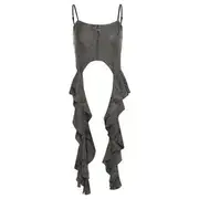 Scoop Neck Plain Asymmetrical Metal Accent Ruffle Distressed Open Back Crop Cami Top Gray - M