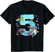 [X.Style] Kids Sea Animals 5th Birthday Turtle Shark Coral Reef Fishes ds1163 T-Shirt (S) Black