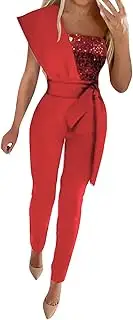 [Generic] Womens Sweetheart Neckline Tops Womens Fashion Splicing Solid Color Slim Sleeveless Belt Decorative Beaded Jumpsuit Long Sleep Jumpsuit Women