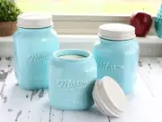 Mason Jar Kitchen Canister Set - of 3 Canisters - Large, Blue