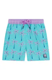 Tom & Teddy Kids' Palm Tree Print Performance Swim Trunks in Aqua Violet at Nordstrom, Size 7-8Y