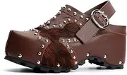 [XOBZJH] Platform Clogs for Women Wide with Arch Support – Natural Calf Hair & Leather Patchwork Upper, Adjustable Strap, Leather-Lined Slip-On Mules for Flat Feet, Vintage Rivet Design