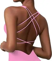 [Okdance] Women's Sports Bra Backless Spaghetti Back Cross Gym Top Low Impact Support for Pilates Yoga Outfit, Pink, S