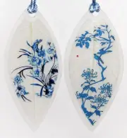 Blue Flowers & Birds Leaf Bookmarks, 2pc Asian Painting Charm- Free Shipping!