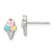 Sterling Silver Rhodium-Plated Polished & Textured Multi-Color Enameled Ice Cream Cone Children'S Post Earrings