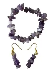 Amethyst Quartz Crystal Bracelet + Earrings Set - Stretch - Natural Stone